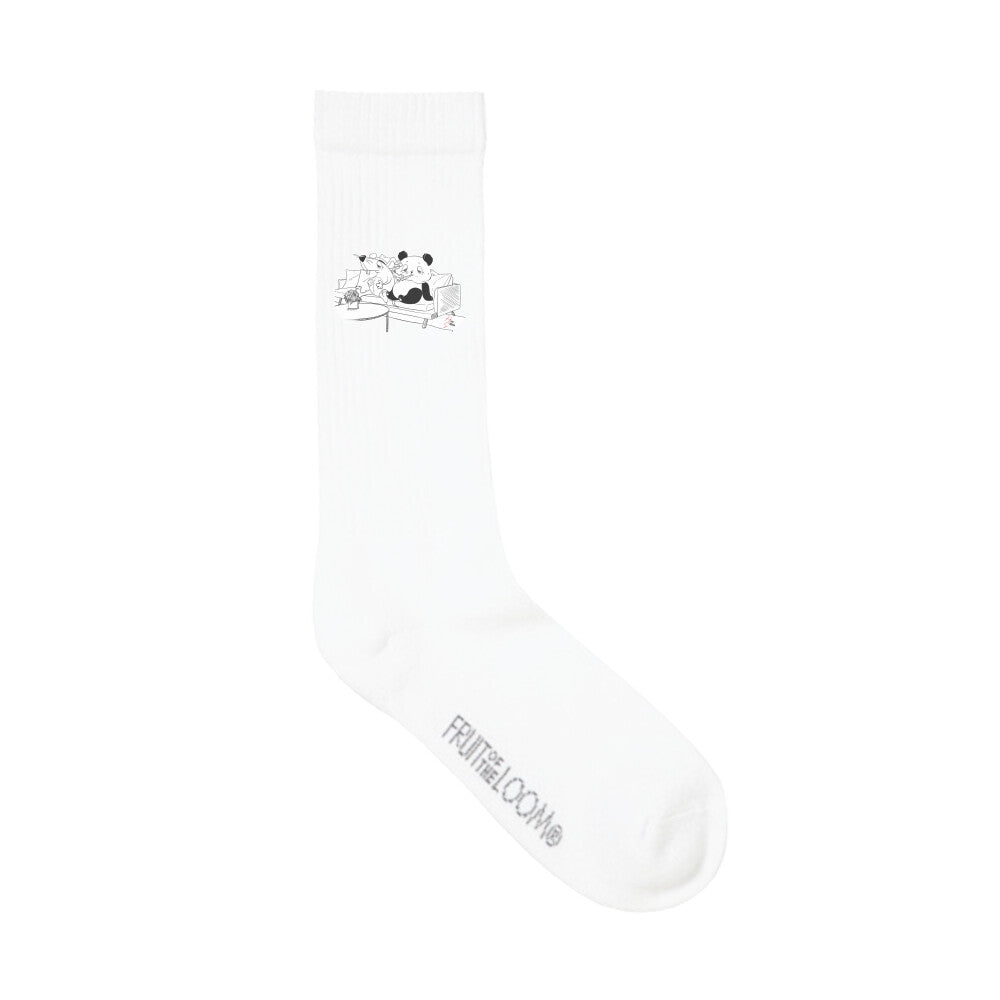 Crew Socken Long in Weiß und Panda und Maus auf Sofa Motiv und dem Hyped Sarcasm Logo