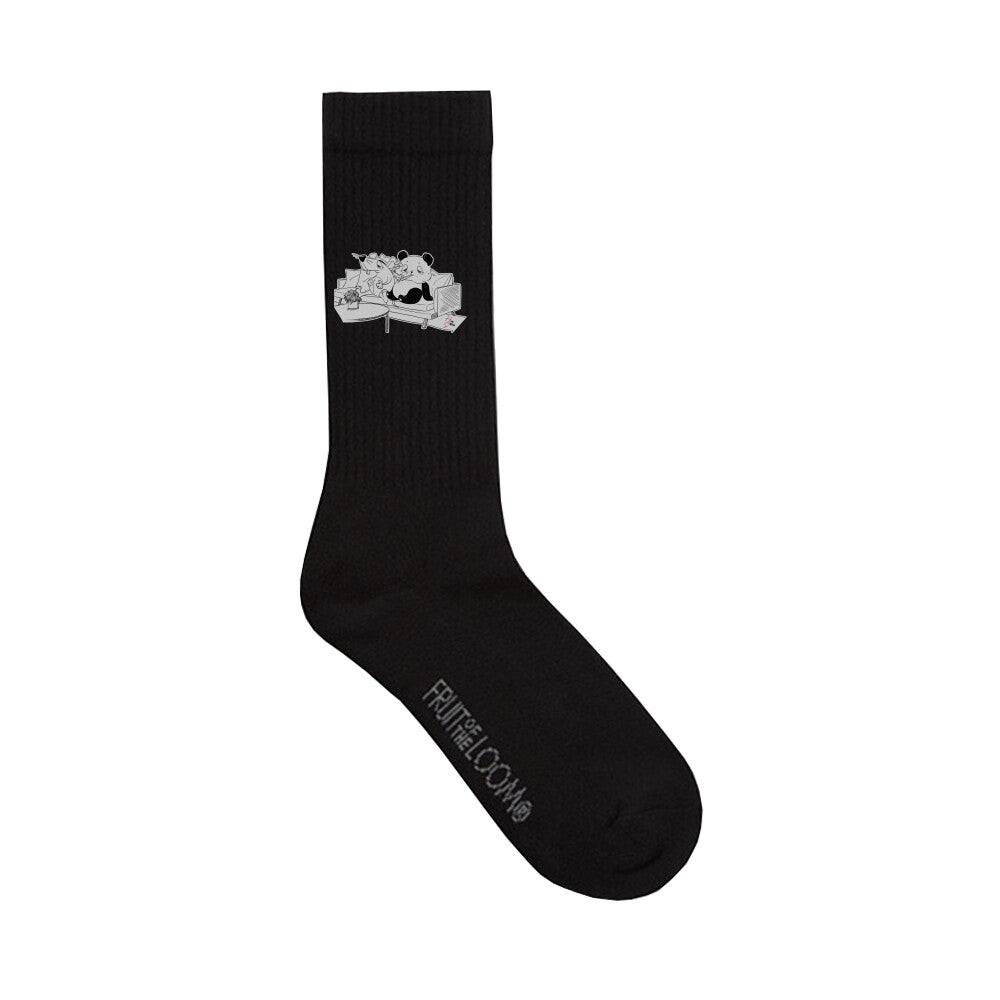 Crew Socken Long in Schwarz und Panda und Maus auf Sofa Motiv und dem Hyped Sarcasm Logo