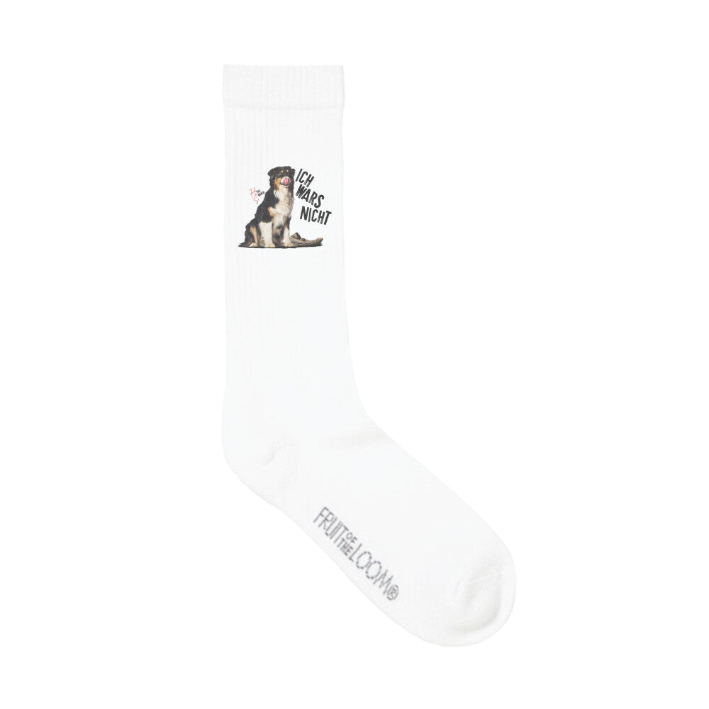 Crew Socken Long in Weiß und unschuldigem Hund Motiv und dem Schriftzug "Ich wars nicht" und dem Hyped Sarcasm Logo