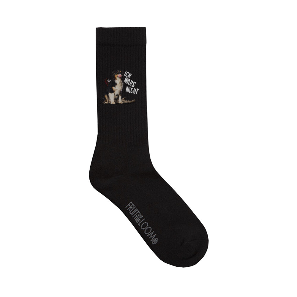 Crew Socken Long in Schwarz und unschuldigem Hund Motiv und dem Schriftzug "Ich wars nicht" und dem Hyped Sarcasm Logo