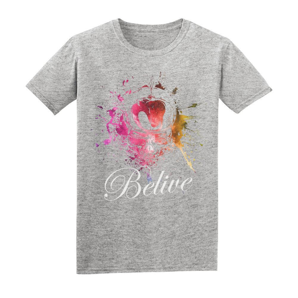 Basic Shirt Unisex in Heather Grey mit Skelett Kopf Motiv und dem Schriftzug "Belive"